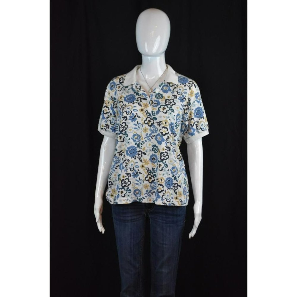 Alexis Reed sz M Short Sleeve Polo Style Floral White Top w Multi Color Flowers